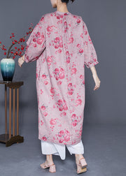 Plus Size Pink Oversized Print Linen Long Dresses Lantern Sleeve