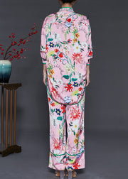Plus Size Pink Oversized Print Silk Oriental Two Pieces Set Spring