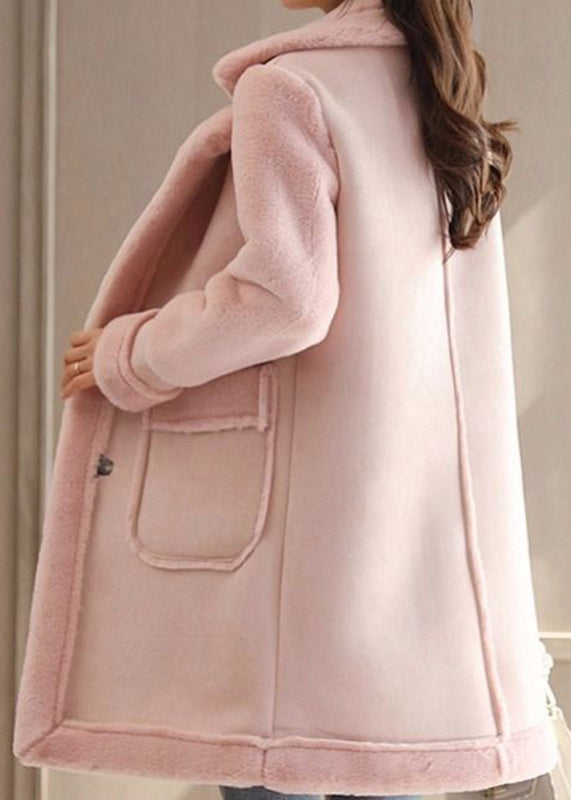 Plus Size Pink Peter Pan Collar Faux Suede Patchwork Faux Leather Coat Winter