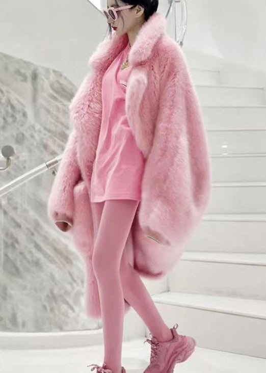 Plus Size Pink Peter Pan Collar Pockets Patchwork Fuzzy Fur Fluffy Coat Winter