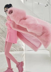 Plus Size Pink Peter Pan Collar Pockets Patchwork Fuzzy Fur Fluffy Coat Winter