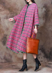 Plus Size Pink Plaid Button Wool Long Coats Spring