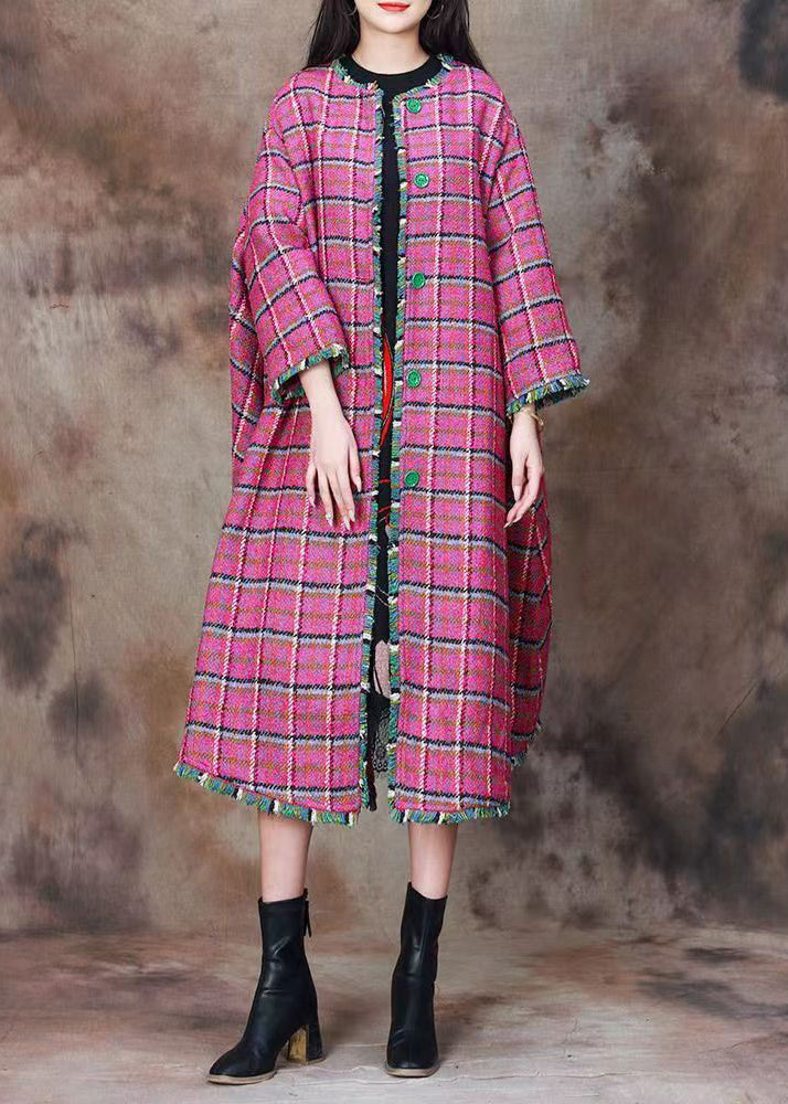 Plus Size Pink Plaid Button Wool Long Coats Spring