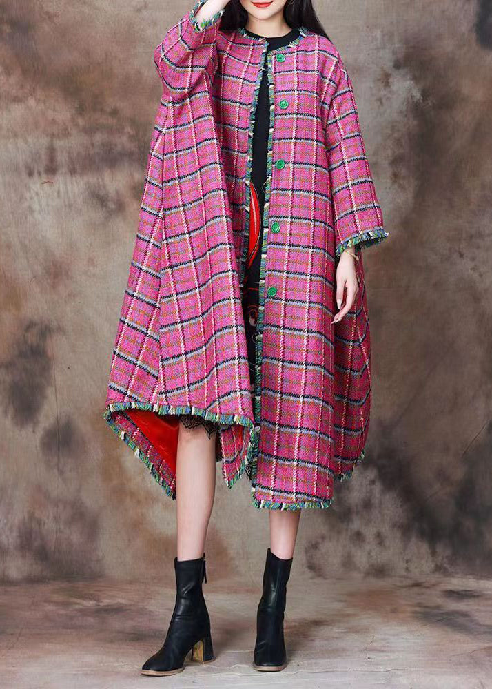 Plus Size Pink Plaid Button Wool Long Coats Spring