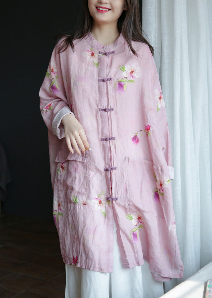 Plus Size Pink Stand Collar Print Button Ramie Long Coats Spring