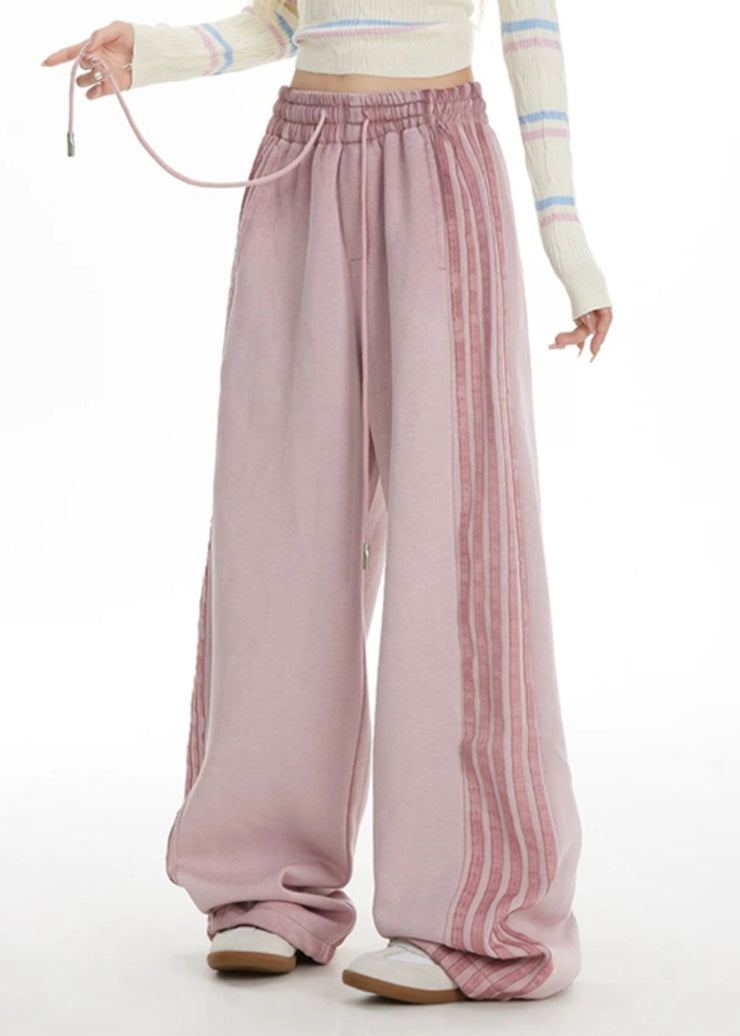 Plus Size Pink Striped Elastic Waist Wide Leg Pants Spring