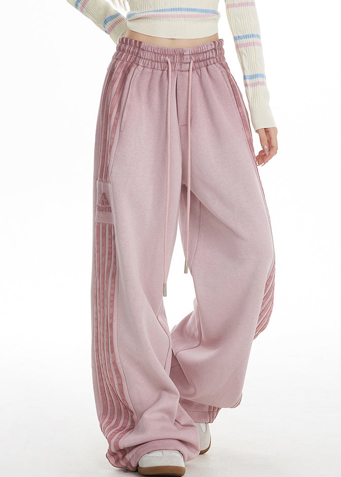 Plus Size Pink Striped Elastic Waist Wide Leg Pants Spring