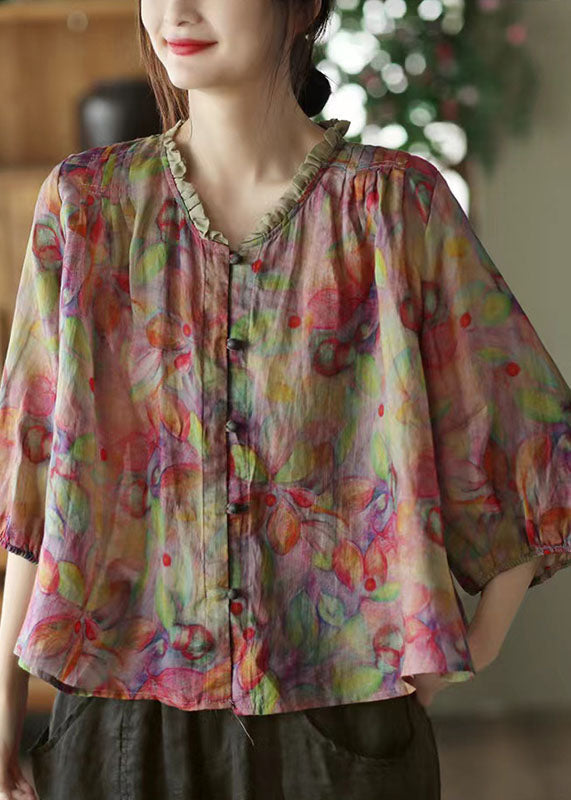 Plus Size Pink-Print4 V Neck Ruffled Print Linen Blouse Top Half Sleeve