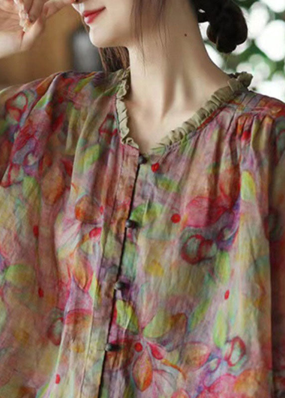 Plus Size Pink-Print4 V Neck Ruffled Print Linen Blouse Top Half Sleeve