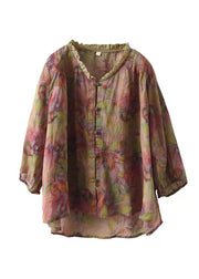 Plus Size Pink-Print6 V Neck Ruffled Print Linen Blouse Top Half Sleeve