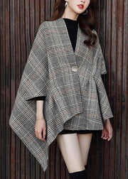 Plus Size Plaid Asymmetrical Button Patchwork Cotton Coats Fall