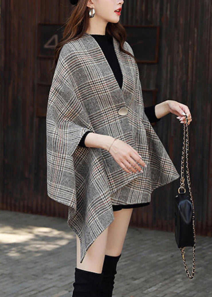 Plus Size Plaid Asymmetrical Button Patchwork Cotton Coats Fall