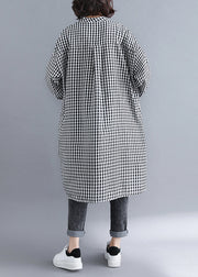 Plus Size Plaid Button Pockets Patchwork Cotton Shirts Dresses Fall