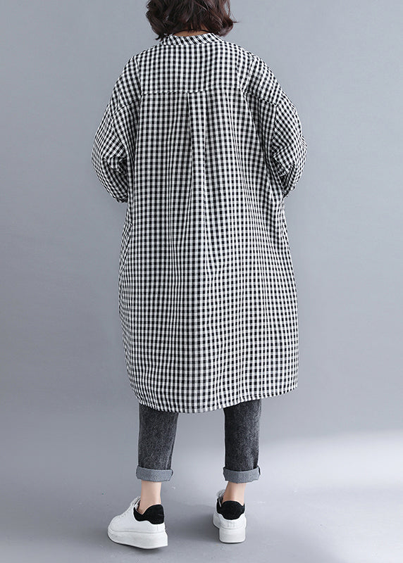 Plus Size Plaid Button Pockets Patchwork Cotton Shirts Dresses Fall