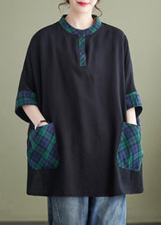 Plus Size Plaid Button Pockets Patchwork Cotton Tops Batwing Sleeve