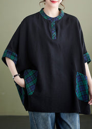 Plus Size Plaid Button Pockets Patchwork Cotton Tops Batwing Sleeve