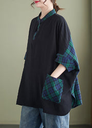 Plus Size Plaid Button Pockets Patchwork Cotton Tops Batwing Sleeve