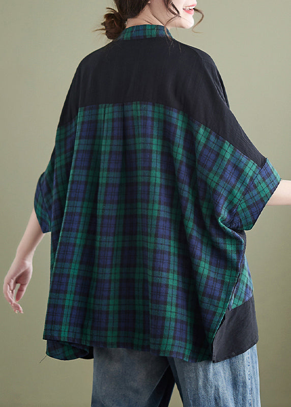 Plus Size Plaid Button Pockets Patchwork Cotton Tops Batwing Sleeve