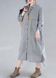 Plus Size Plaid Peter Pan Collar Button Side Open Long Shirts Dress Fall