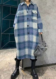 Plus Size Plaid Peter Pan Collar Button Woolen Long Shirt Coats Spring