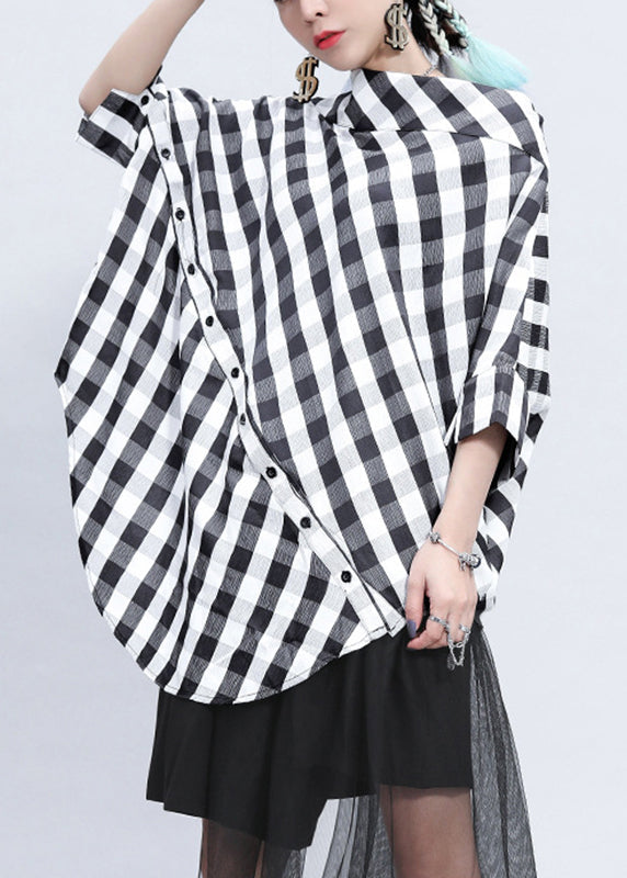 Plus Size Plaid Stand Collar Asymmetrical Patchwork Button Linen Tops Batwing Sleeve