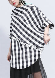 Plus Size Plaid Stand Collar Asymmetrical Patchwork Button Linen Tops Batwing Sleeve