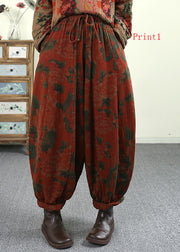 Plus Size Pockets Print Elastic Waist Fine Cotton Filled Pants Winter