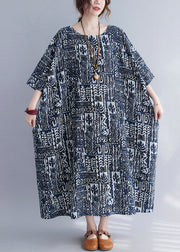 Plus Size Print O Neck Pockets Cotton Long Dresses Summer