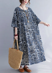 Plus Size Print O Neck Pockets Cotton Long Dresses Summer