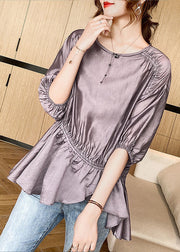 Plus Size Purple Asymmetrical Drawstring Wrinkled Silk Shirt Top Summer