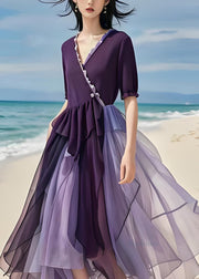 Plus Size Purple Asymmetrical Tulle Patchwork Cotton Long Dress Summer