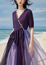 Plus Size Purple Asymmetrical Tulle Patchwork Cotton Long Dress Summer