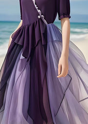 Plus Size Purple Asymmetrical Tulle Patchwork Cotton Long Dress Summer