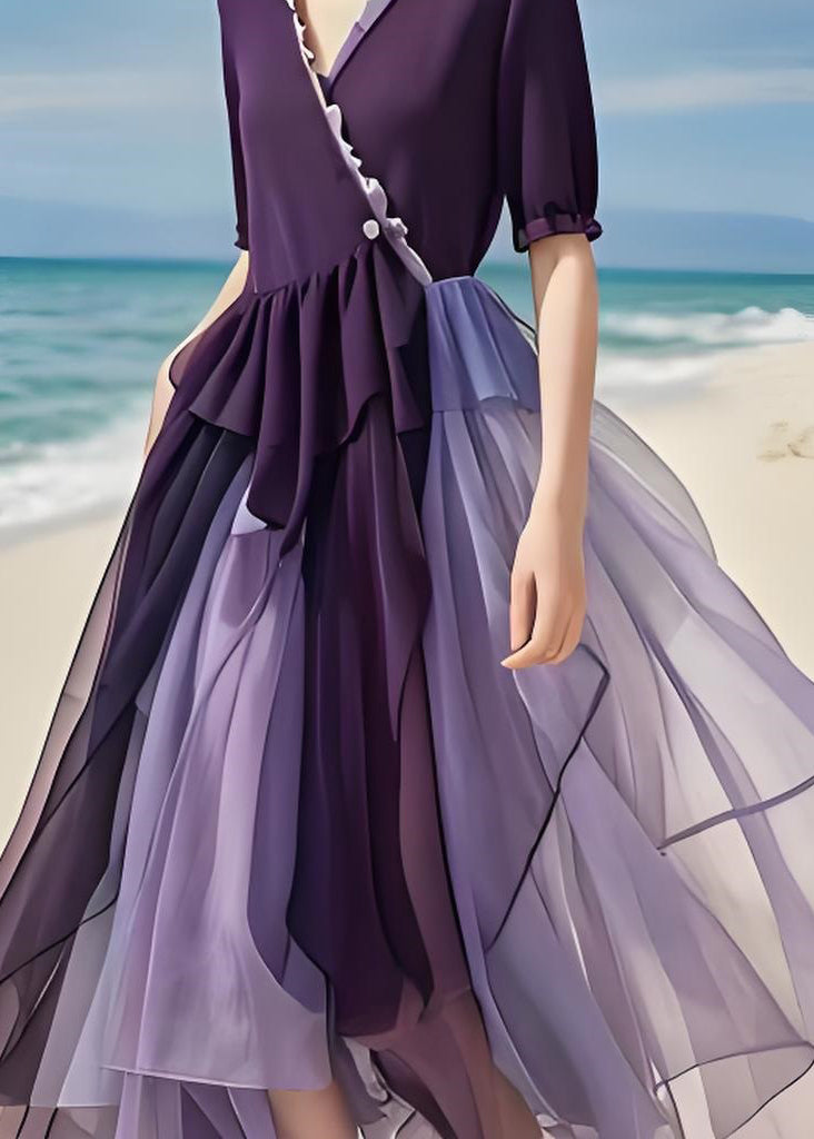 Plus Size Purple Asymmetrical Tulle Patchwork Cotton Long Dress Summer