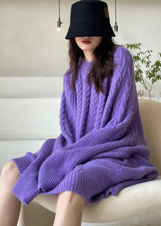 Plus Size Purple Casual Knit Sweater Dress Winter