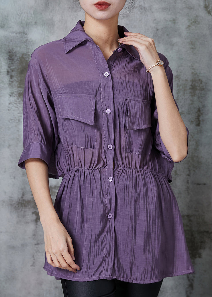 Plus Size Purple Cinched Patchwork Silk Shirt Top Summer