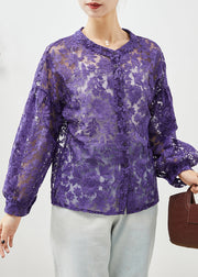 Plus Size Purple Embroideried Hollow Out Lace Shirts Fall