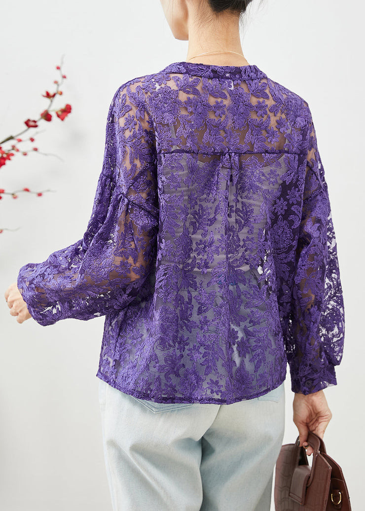 Plus Size Purple Embroidered Hollow Out Lace Shirts Fall