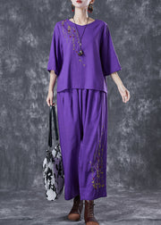 Plus Size Purple Embroideried Linen Two Pieces Set Summer