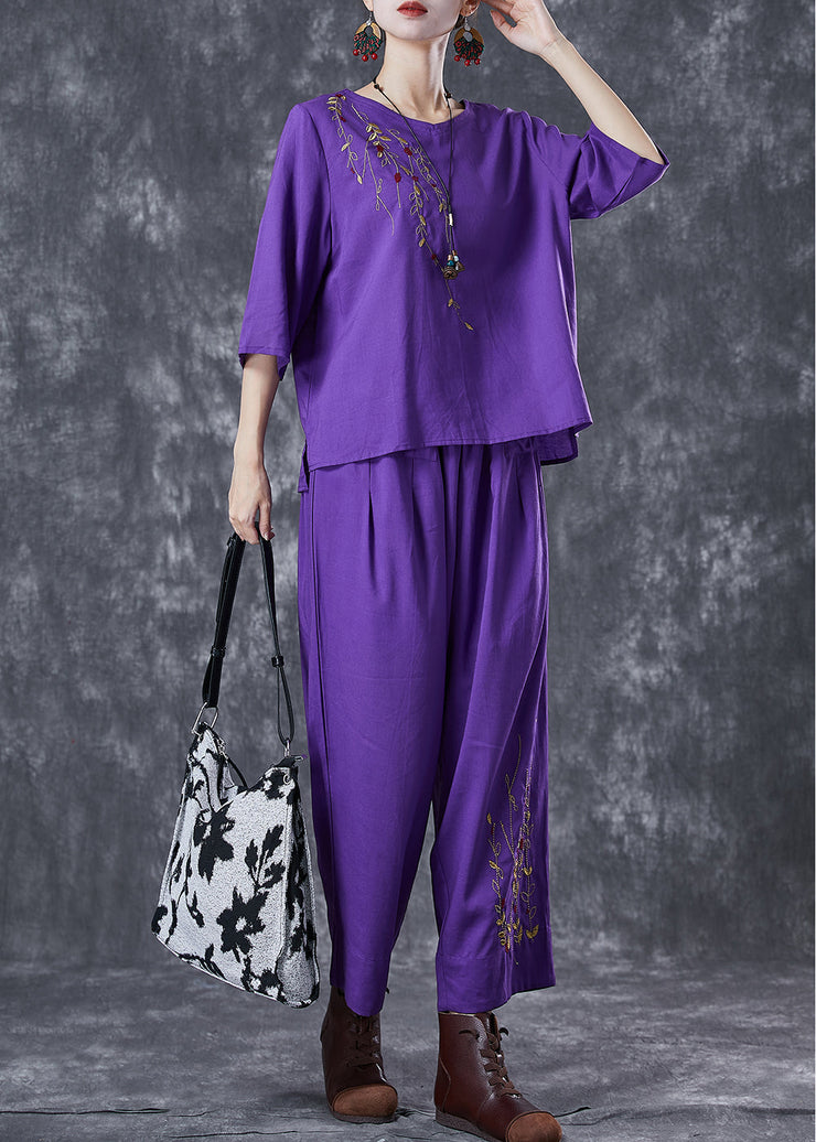 Plus Size Purple Embroideried Linen Two Pieces Set Summer