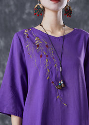 Plus Size Purple Embroideried Linen Two Pieces Set Summer