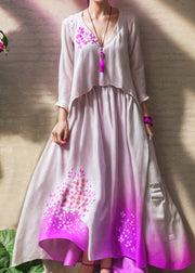 Plus Size Purple Gradient V Neck Print Wrinkled Patchwork Silk Dress Summer