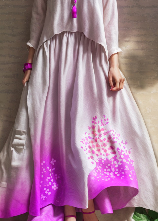 Plus Size Purple Gradient V Neck Print Wrinkled Patchwork Silk Dress Summer