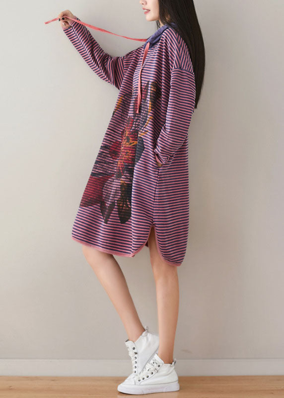 Plus Size Purple Hooded Striped Print Cotton Sweatshirt Dress Spring