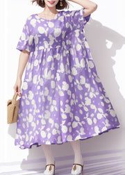 Plus Size Purple O Neck Print Cotton Dress Summer