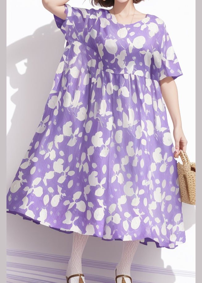 Plus Size Purple O Neck Print Cotton Dress Summer