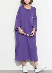 Plus Size Purple O Neck Print Patchwork Cotton Long Dress Summer