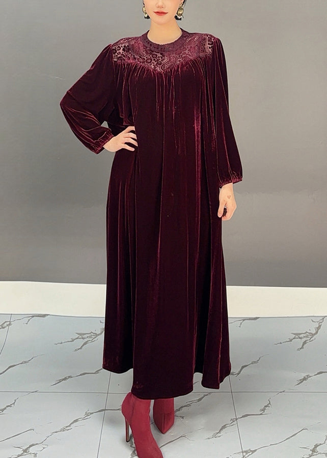 Plus Size Purple O-Neck Wrinkled Silk Velour Maxi Dresses Winter