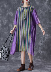 Plus Size Purple Oversized Patchwork Striped Linen Dress Summer