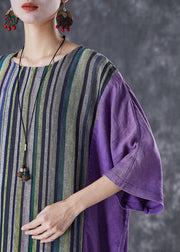 Plus Size Purple Oversized Patchwork Striped Linen Dress Summer